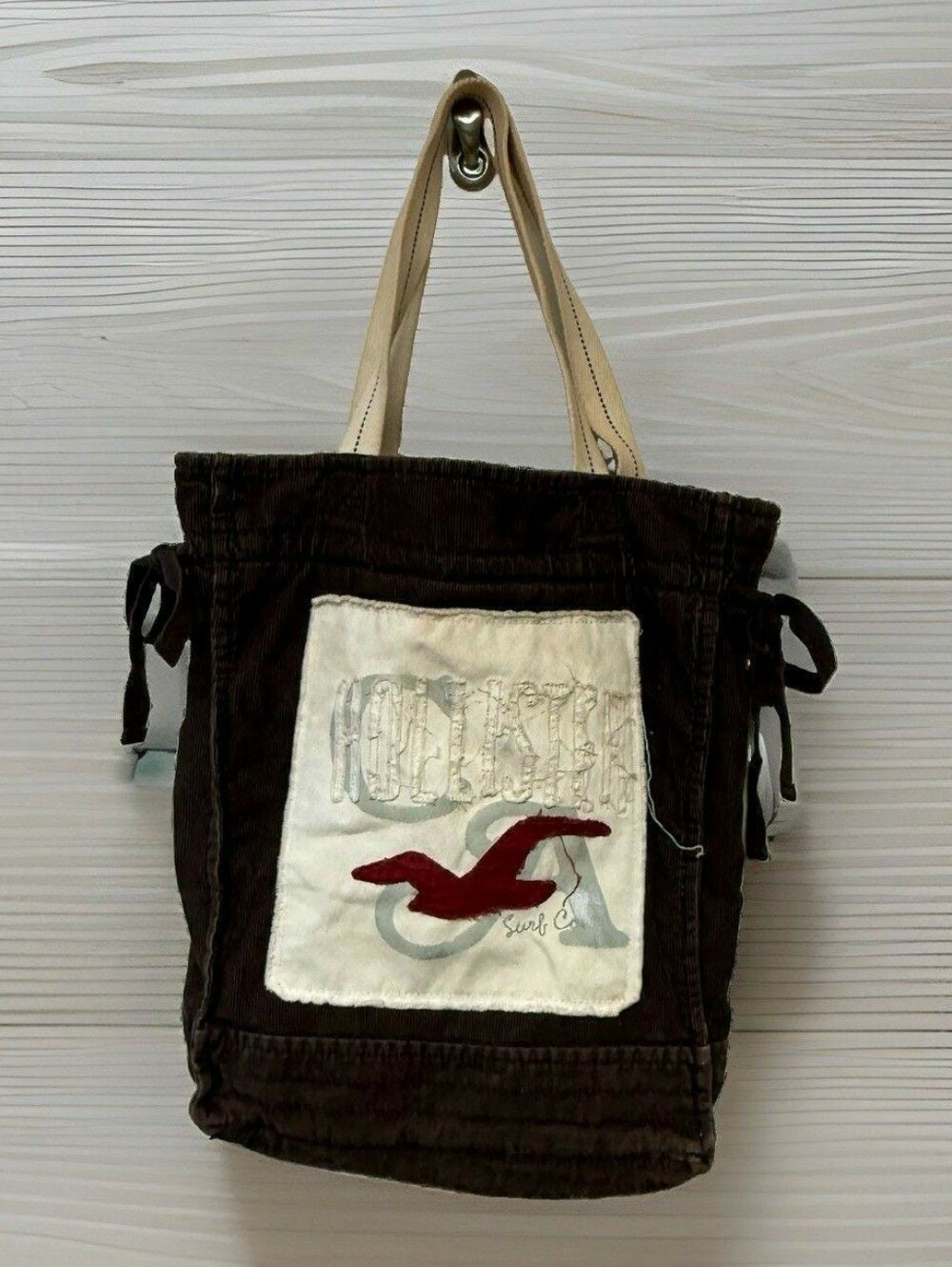 Vintage Y2K Hollister Surf Co Corduroy Tote Bag Brown Seagull Logo Beach Surfer